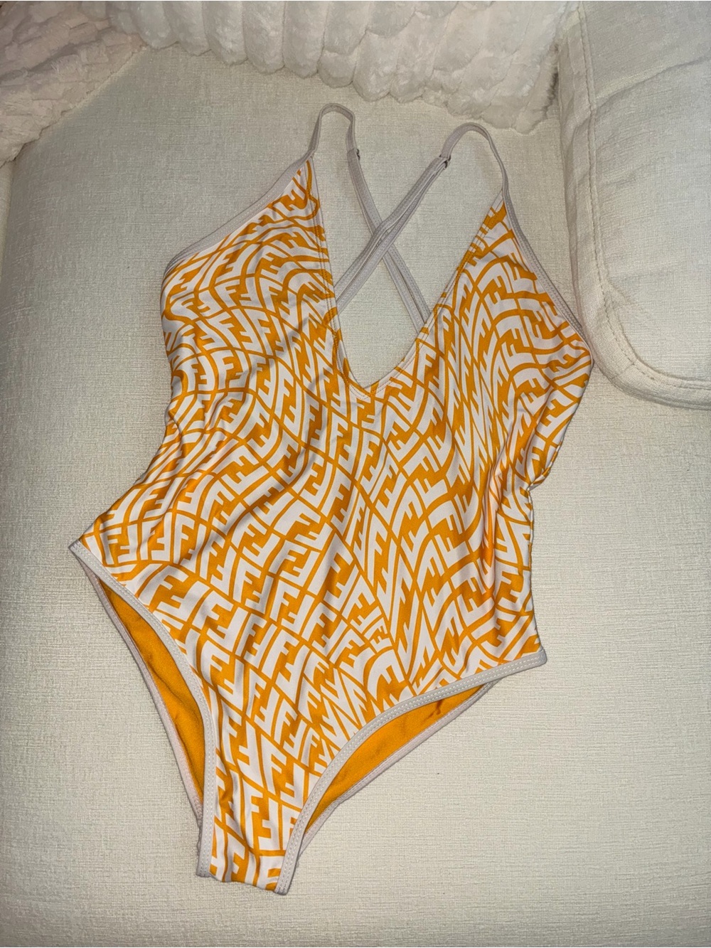 Fendi Yellow and White Logo One-Piece Swimsuit